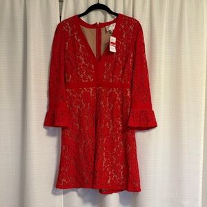 Charles Henry Vibrant Red Lace Long Sleeve Dress
